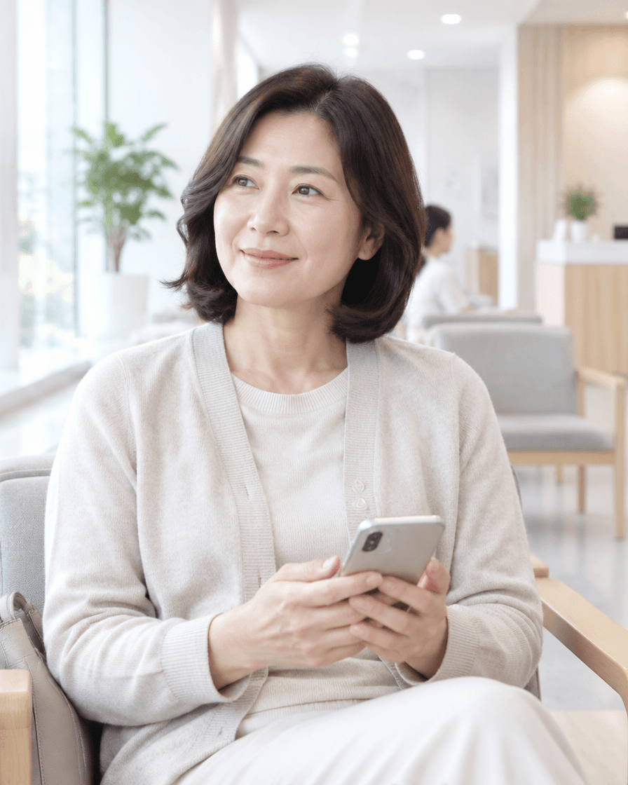 병원 대기실에서 스마트폰으로 정보를 찾아보는 환자