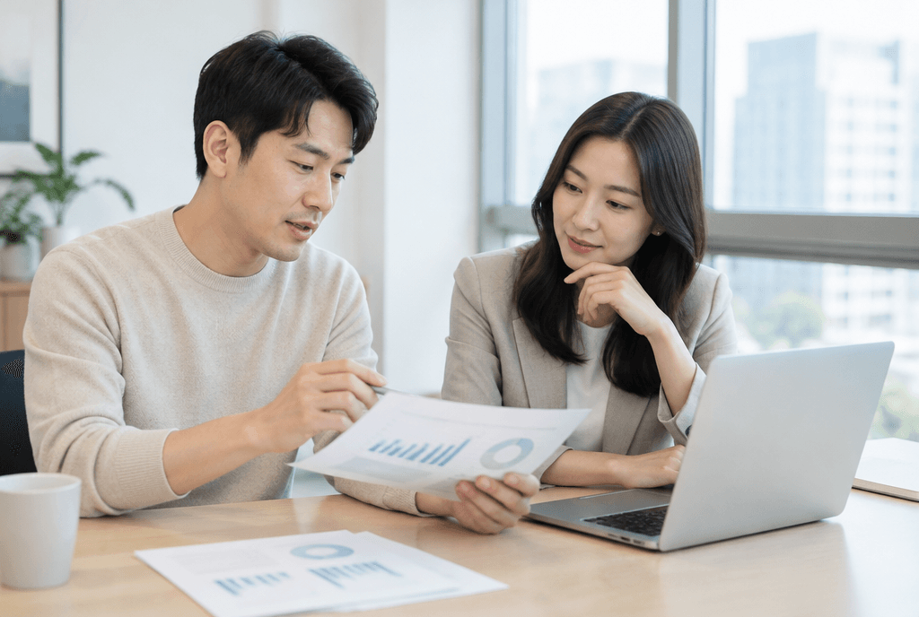 차트를 보며 운영 방향을 의논하는 마케터들